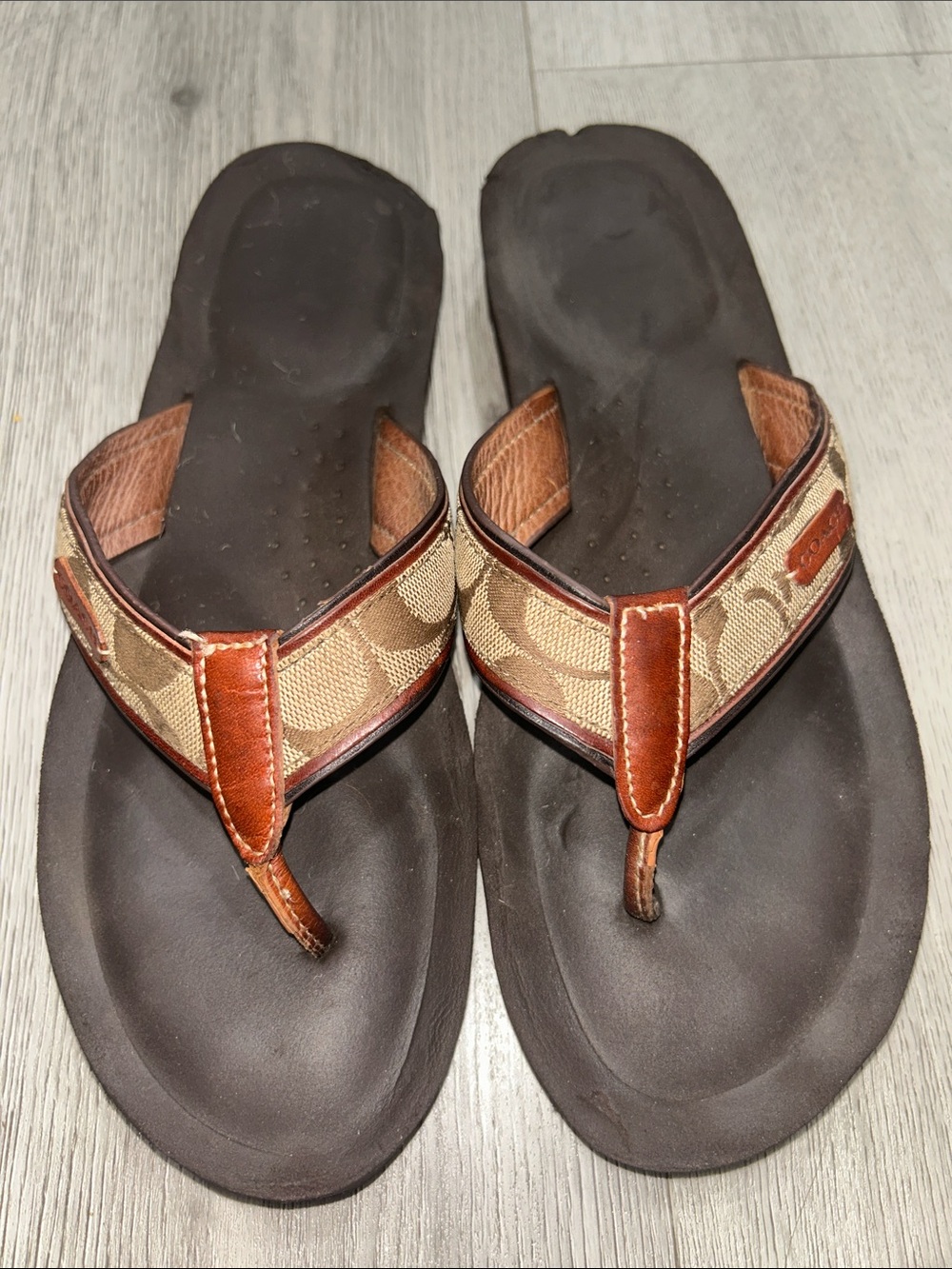 Coach "Juanita" Tan/Brown Flip-Flop Sandal (Style Q1787)  Women’s size 10
